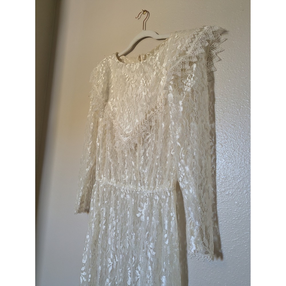 Vintage Ivory Floral Lace Maxi Dress Victorian Ruffle Collar Long Sleeve Cream